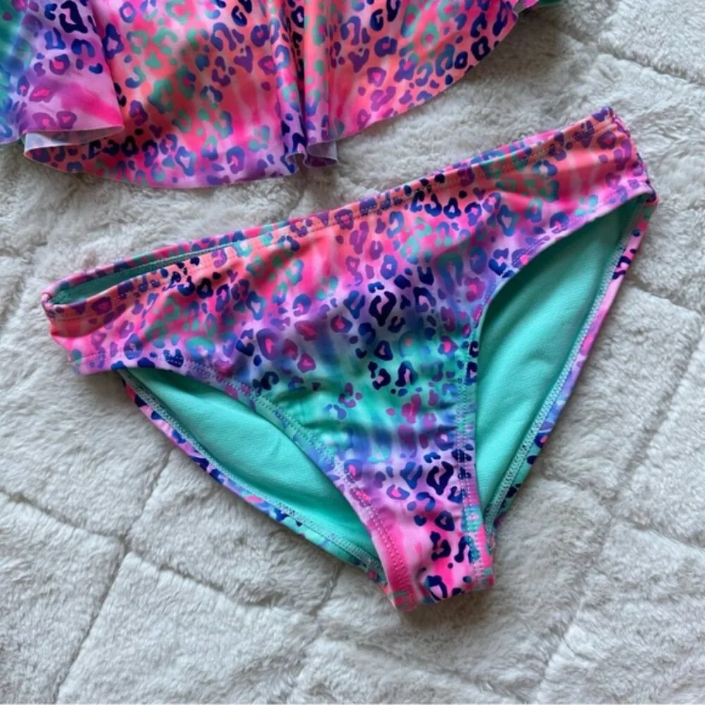 Wonder Nation | Pink and Blue Ombre Cheetah Print Flounce Bikini Set | Size 7/8